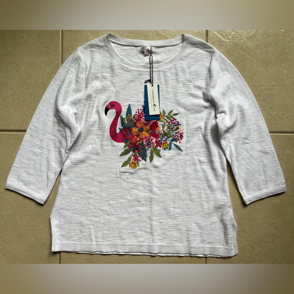 CABANA CAY WOMEN'S MEDIUM WHITE FLAMINGO FLORAL EMBELLISHED SWEATER 3/4 SLEEVES